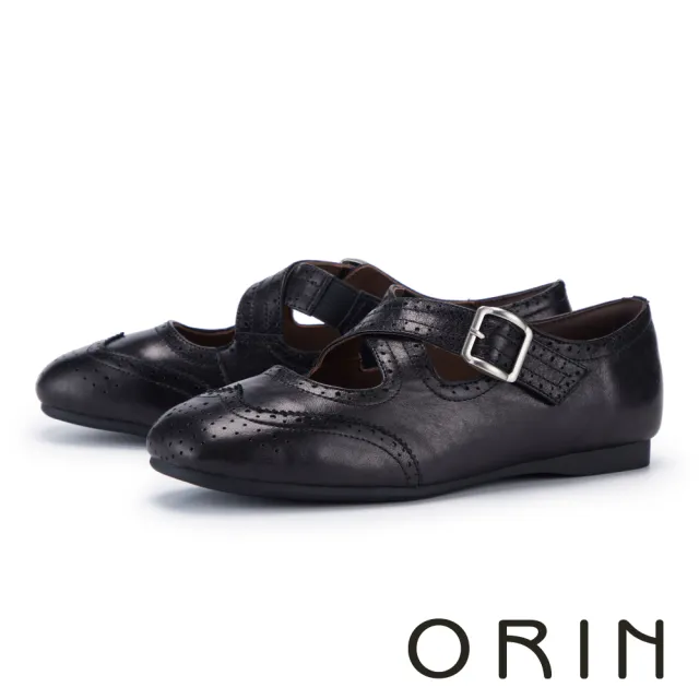 【ORIN】油蠟羊皮雕花金屬釦平底鞋 黑色