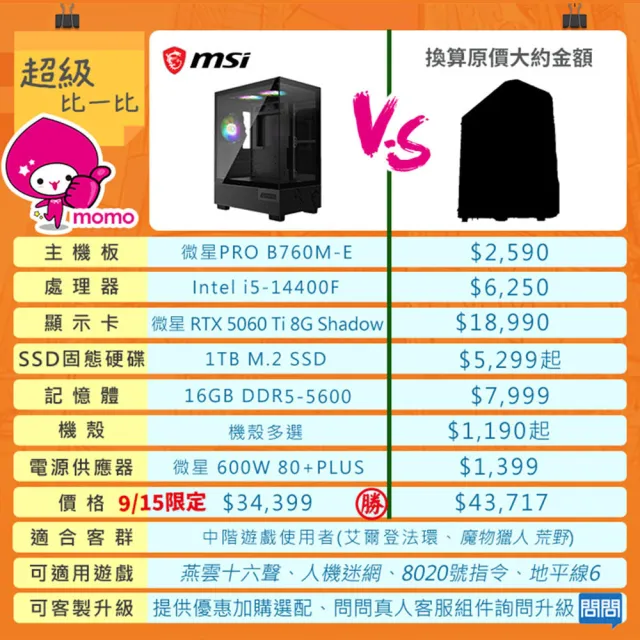 【微星平台】I5十核 RTX 5060Ti 8G SHADOW{烈焰之刃}電競機(I5-14400F/B760/16G D5/1TB)