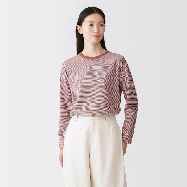 【MUJI 無印良品】女天竺圓領長袖T恤(白色/黑色/綠色/棕色/黑紋樣/磚紅紋樣/綠紋樣/灰棕紋樣)