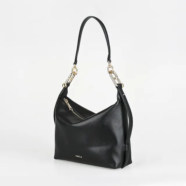 【FURLA 芙拉】FURLA 金屬LOGO Tonie系列小牛皮拉鍊肩背/斜背包(迷你/黑)