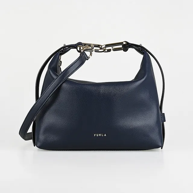 【FURLA 芙拉】FURLA 金屬LOGO Tonie系列小牛皮拉鍊肩背/斜背包(迷你/深藍)