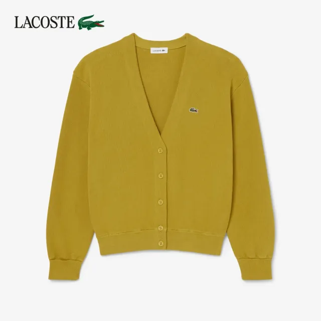 【LACOSTE】女款-V領Moss Stitch棉羊毛開襟衫(芥末黃)