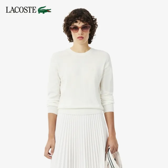 【LACOSTE】女款-3D立體針織圓領毛衣(白色)