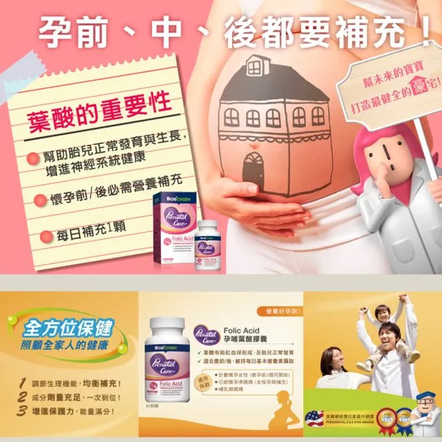 【Boscogen 百仕可】孕哺葉酸膠囊60粒/瓶(美國原裝進口 無異味、平滑好吞)