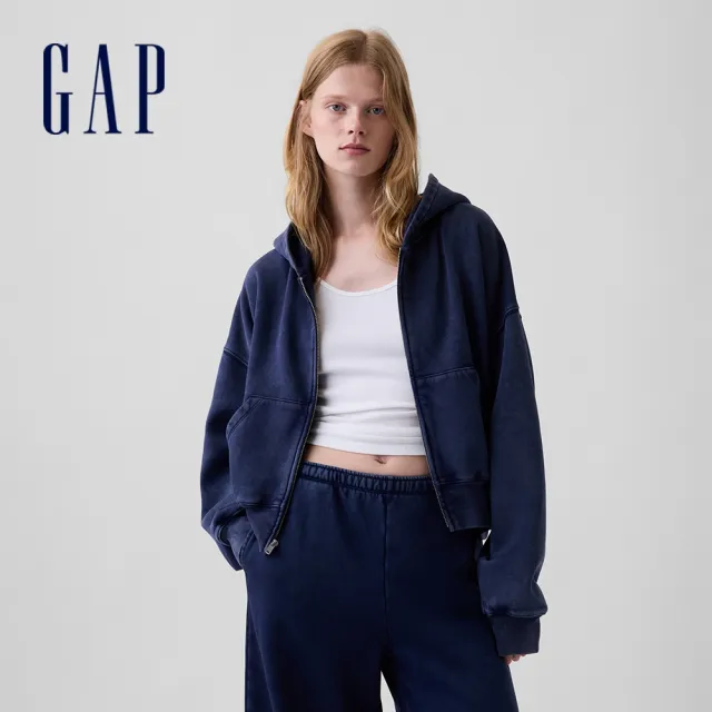 【GAP】VintageSoft楔形剪裁拉鍊連帽外套-深藍(714577)