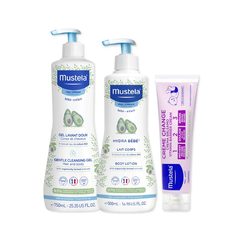 【Mustela 慕之恬廊】新手爸媽SOP限量加大組(多慕雙潔乳750ml＋爽身潤膚乳500ml＋VBC屁屁膏150ml 洗髮乳液)