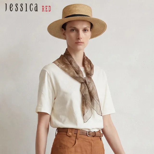 【Jessica Red】百搭休閒印花領巾綁帶造型棉質T恤短袖上衣（米）R63609