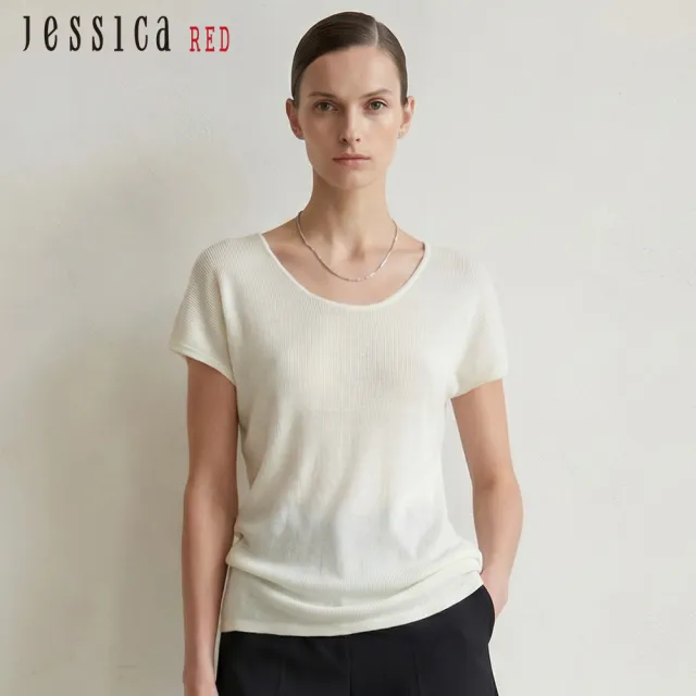 【Jessica Red】百搭休閒寬圓領羅紋短袖針織上衣(米)R63503
