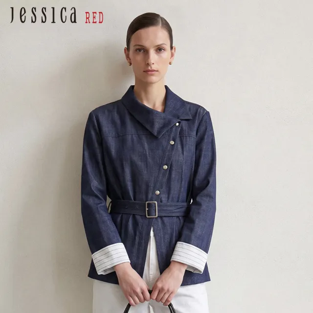 【Jessica Red】百搭時尚翻領不對稱設計條紋袖棉質牛仔外套R62001