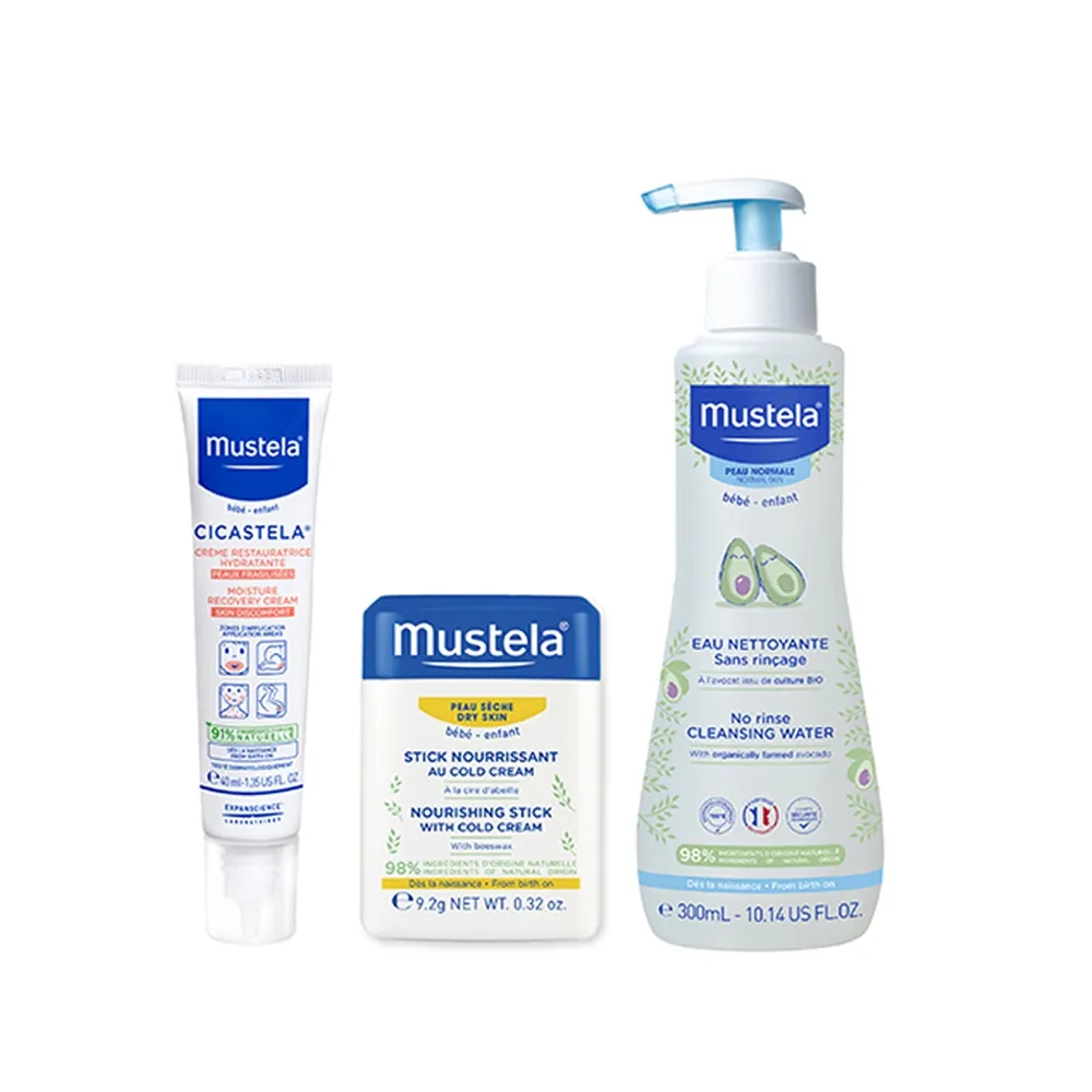 【Mustela 慕之恬廊】口水肌養護組(高效唇頰雙護膏9.2g＋免用水潔淨液300ml＋修護霜40ml)