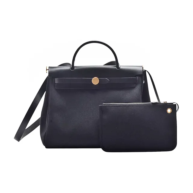 【Hermes 愛馬仕】經典HERBAG ZIP 31金色穿釦帆布牛皮手提/肩背包(展示品-黑色)