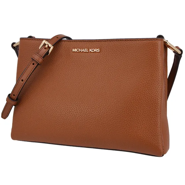 【Michael Kors】TRISHA系列 荔枝紋皮革 金字 三層 斜背包 禮盒 (字母咖)