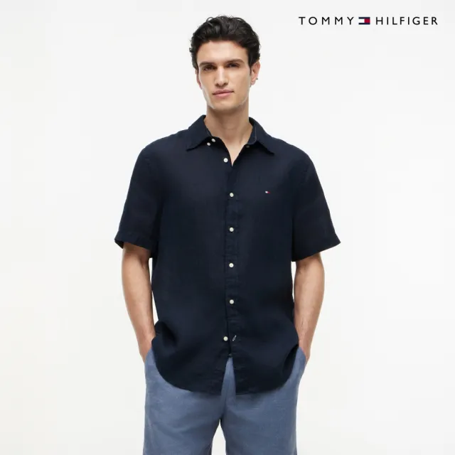 【TOMMY HILFIGER】官方旗艦館棉麻短袖襯衫 藍色