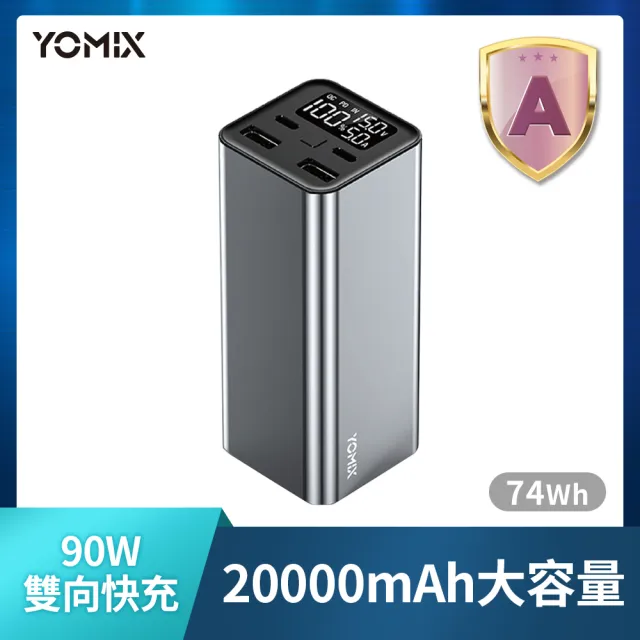 【YOMIX 優迷】斷電器組★PL-01 20000mAh大容量90W四孔雙向快充行動電源(74wh/PD3.0/QC/電量功率顯示/筆電