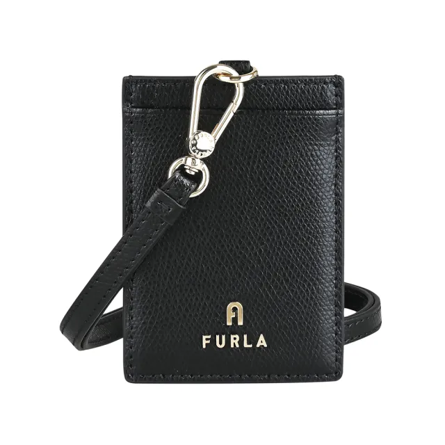 【FURLA 芙拉】FURLA精品粒面牛皮直式掛繩證件卡套(黑)