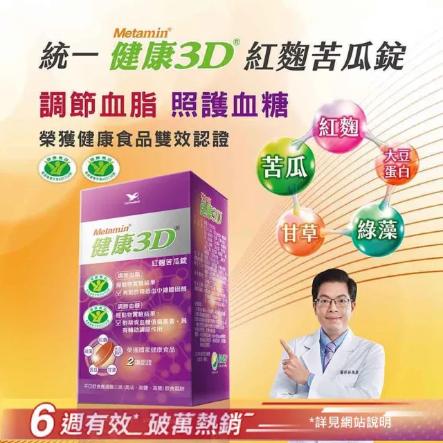 【統一】健康3D紅麴苦瓜2入組(2罐共180粒-調節血糖/血脂/大豆蛋白/綠藻/甘草)