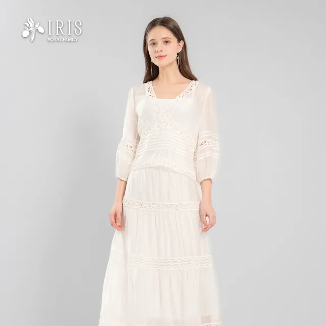 【IRIS 艾莉詩】清雅蕾絲壓飾兩件式上衣-白色(62127)