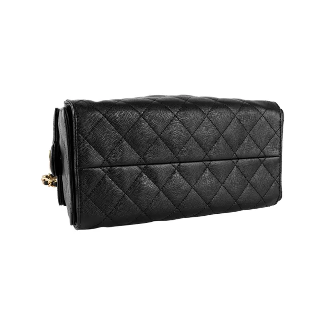 【CHANEL 香奈兒】Chanel 25 CC Logo 金色標誌小牛皮小款肩背包(黑色)