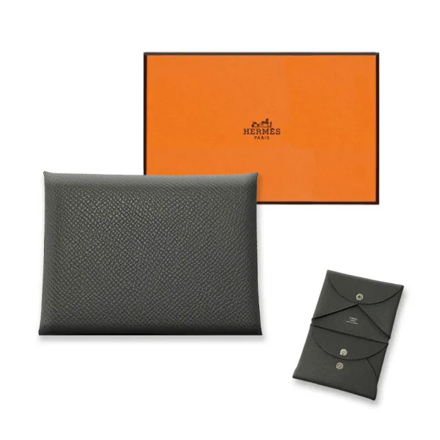 【Hermes 愛馬仕】H083035CK 經典Calvi Duo系列素色卡片夾/零錢包(灰色)