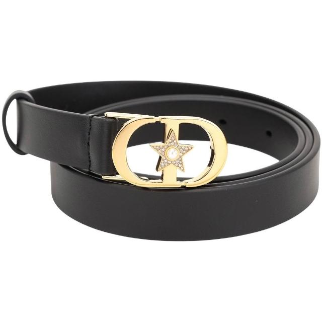 【Dior 迪奧】Lucky 30 Montaigne 皮帶 CD字母幸運星珍珠水鑽飾小牛皮細版腰帶(20mm 黑色)