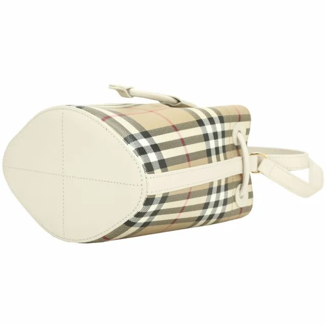 【BURBERRY 巴寶莉】Vintage Check Mini 格紋塗層帆布手提/肩斜背水桶包(典藏米x皂米色 抽繩 束口包)