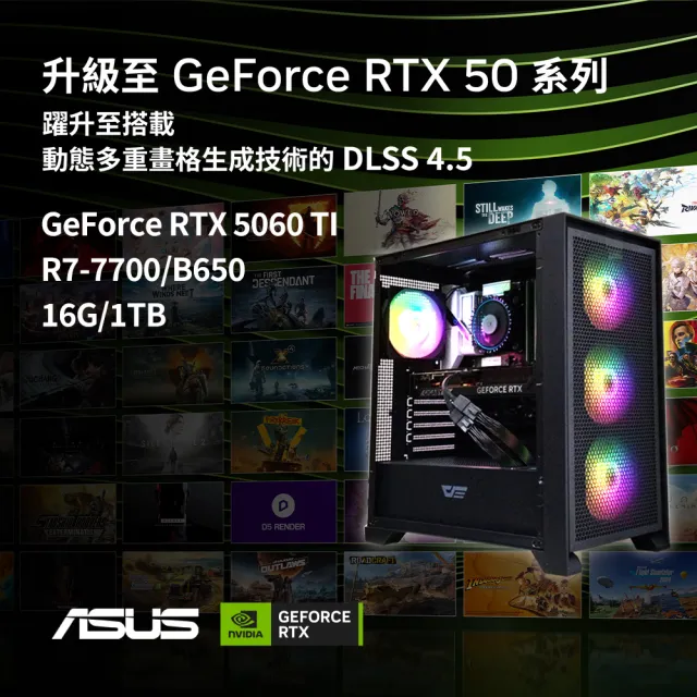 【華碩平台】R7八核GeForce RTX 5060 Ti{暴風巨神}水冷電競機(R7-7700/B650/16G D5/1TB/WIFI)