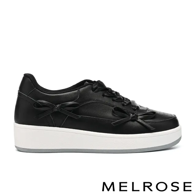 【MELROSE】美樂斯 甜美率性蝴蝶結牛皮緞布鞋帶厚底休閒鞋(黑)