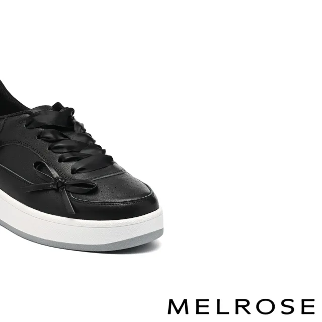 【MELROSE】美樂斯 甜美率性蝴蝶結牛皮緞布鞋帶厚底休閒鞋(黑)