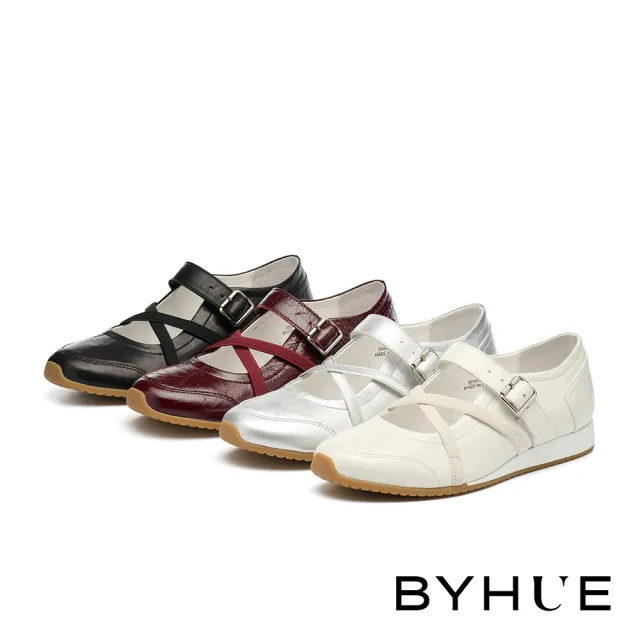 【BYHUE】率性優雅交叉鬆緊帶牛皮軟芯瑪莉珍厚底休閒鞋(銀)