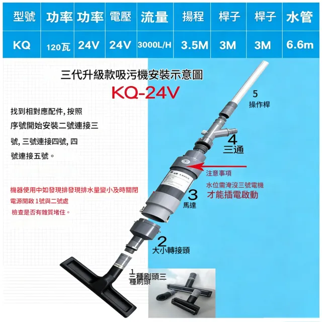 【RTAKO】魚池吸污機 泳池魚池底部吸汙器 吸魚便汙泥青苔小型水下吸塵器 24v低電壓 3公尺伸縮桿 KQ