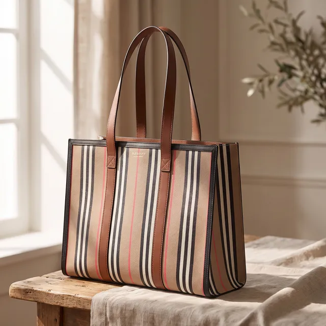【BURBERRY 巴寶莉】BURBERRY 英式條紋帆布拼牛皮磁吸釦肩背托特包(典藏米x棕)