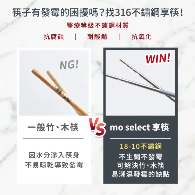 【mo select】買一送一-享筷台灣製316不鏽鋼防滑六角筷-5雙x2組(mo選/筷子/抗菌/餐具/抗菌餐具/316不鏽鋼)