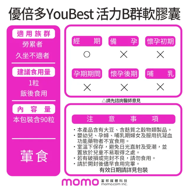 【YouBest 優倍多】活力B群軟膠囊3入(共270粒-高單位B群 胺基酸 管花肉蓯蓉 茯苓萃取物)