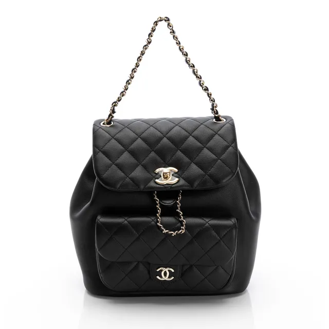 【CHANEL 香奈兒】Duma大型翻蓋雙肩後背包(黑/淡金)