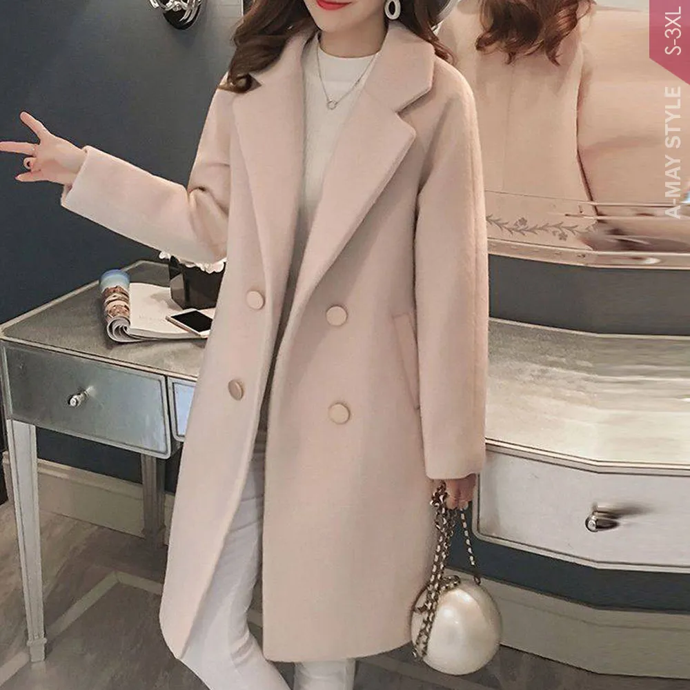 【Amay Style 艾美時尚】現貨 中大尺碼女裝 毛呢 外套 日韓顯瘦加棉加厚長版毛呢大衣。S-3XL(3色)
