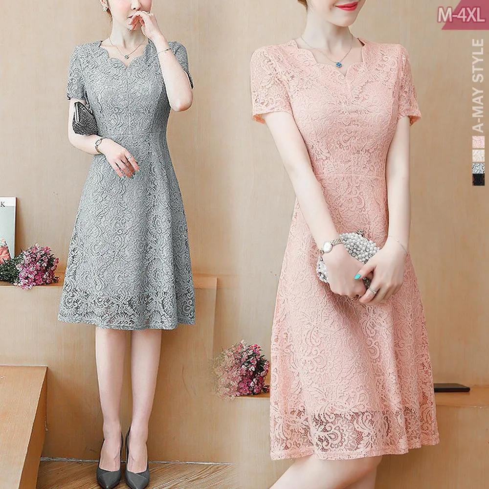【Amay Style 艾美時尚】夏新品 中大尺碼女裝 連身裙 甜美氣質花邊領蕾絲顯瘦中長裙洋裝。M-4XL(4色.預購)