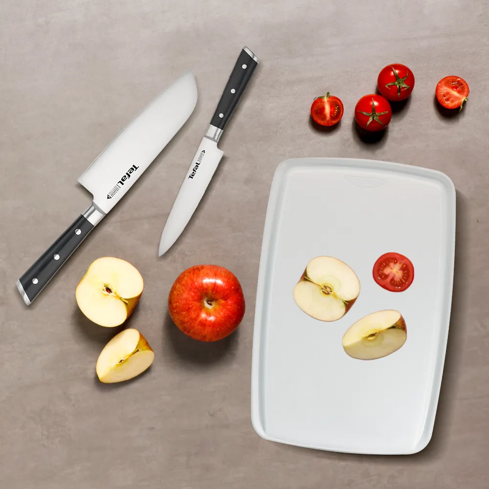【Tefal 特福】冰鑄不鏽鋼刀具/刀子2件組(日式主廚刀16.5CM+萬用刀13CM+贈砧板)