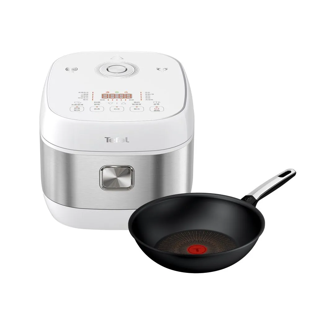 【Tefal 特福】神隊友組_ IH 8人份電子鍋+精悍系列28cm不沾炒鍋/硬悍鍋(不挑爐具、IH爐可用鍋)
