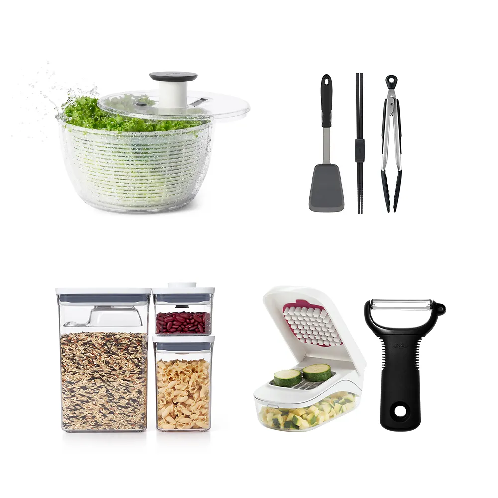 【OXO】蔬菜脫水器6L/POP長方3件組/不傷鍋矽膠3件組/備料2件組(4選1)