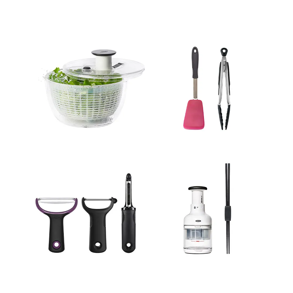 【OXO】按壓式蔬菜香草脫水器3L/不傷鍋矽膠2件組/經典削皮刀3件組/輕鬆料理2件組(4選1)