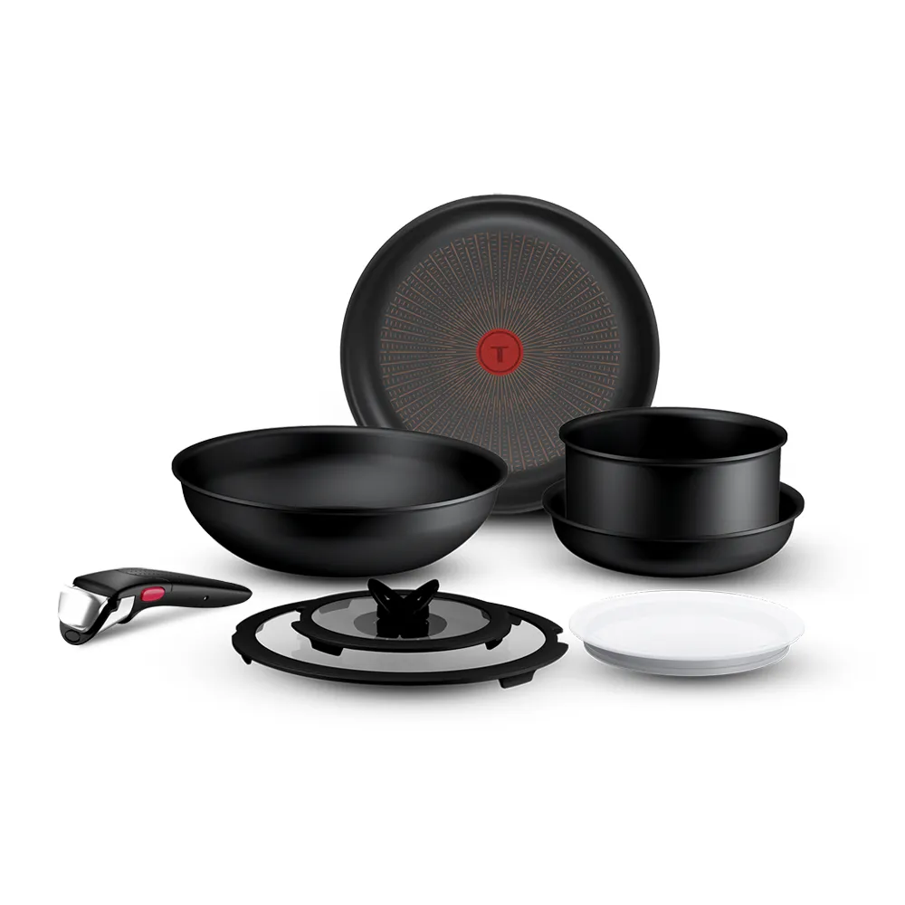 【Tefal 特福】精悍巧變精靈系列不沾鍋8件組-熔岩黑(適用電磁爐)
