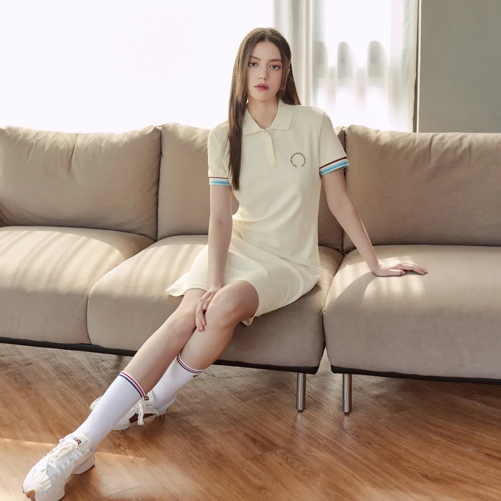 【ELLE ACTIVE】女款 袖口撞色翻領POLO短袖洋裝-米白色(EA26S1W2610#91)