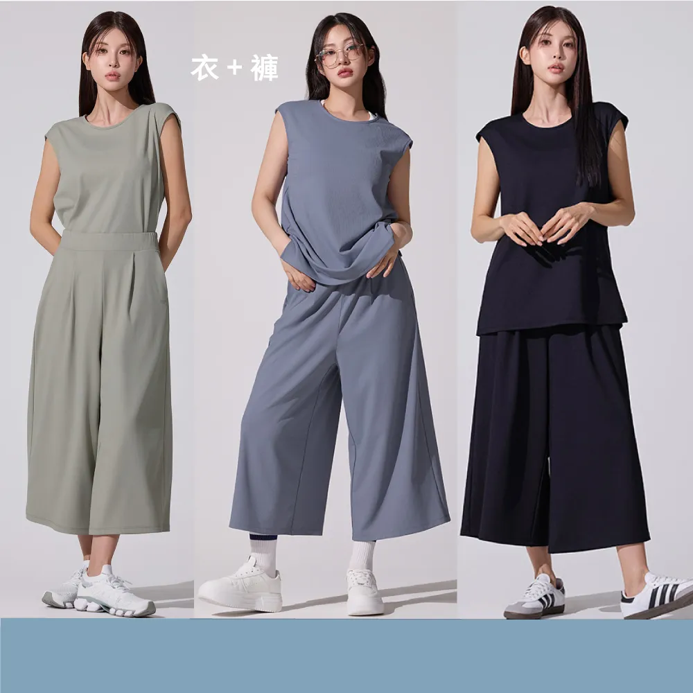 【STL】現貨 成套 衣＋褲 韓國 SET Relax Vent 涼感 細羅紋 女 運動 2分包袖 半蓋臀＋8分 寬鬆 寬褲 (多色)