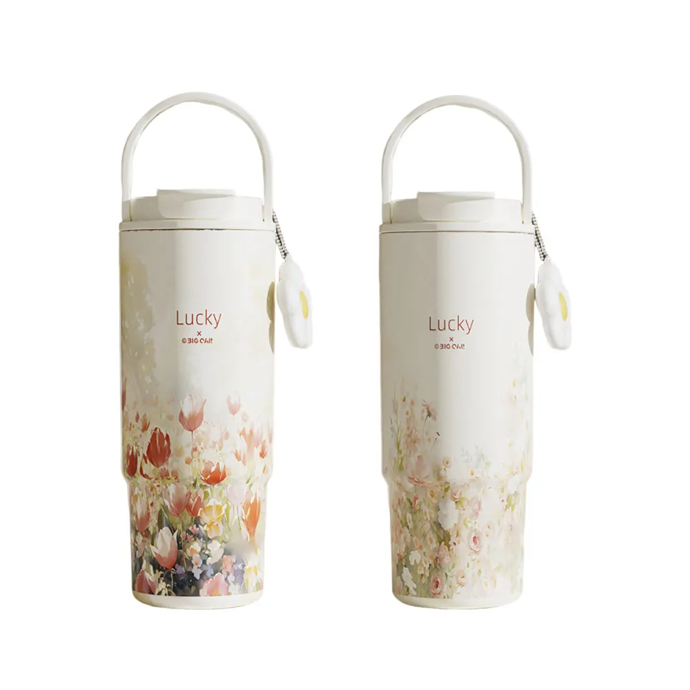 【SUNLY】880ml 316不鏽鋼陶瓷保溫杯 大容量保溫瓶 車載水杯 手提吸管杯 冰壩杯(家用/車用/辦公)
