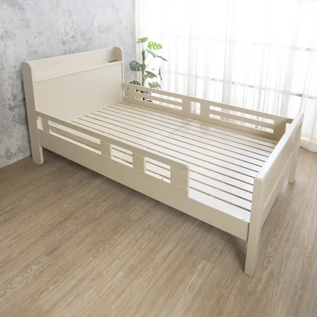 【BODEN】森林家具 達恩3.5尺單人置物型護欄實木床架/兒童床組-附插座