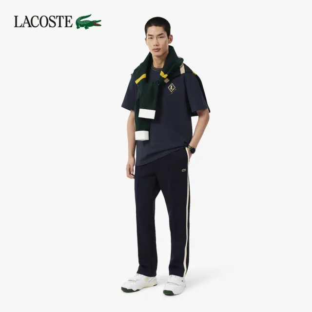 【LACOSTE】男款-法國製徽章條紋短袖T恤(海軍藍)