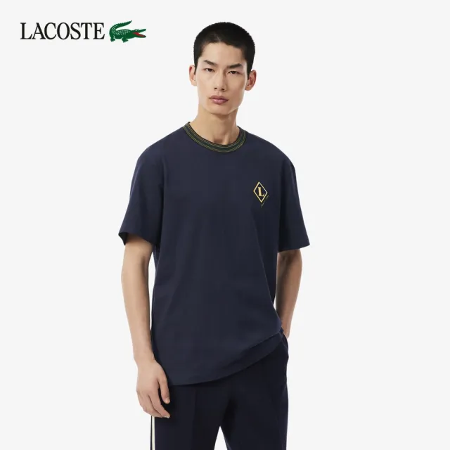 【LACOSTE】男款-法國製徽章條紋短袖T恤(海軍藍)