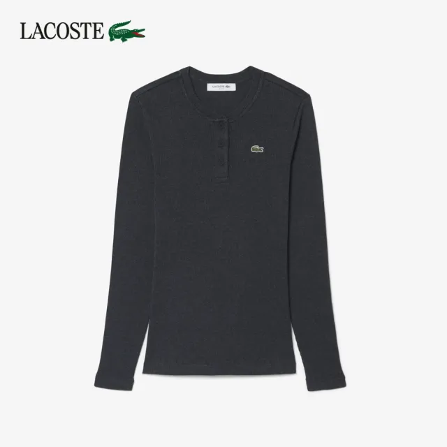 【LACOSTE】女款-亨利領羅紋長袖T恤(黑色)