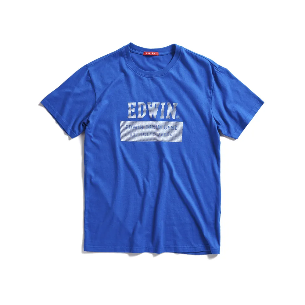 【EDWIN】男裝 人氣復刻款 斜紋經典LOGO短袖T恤(灰藍色)