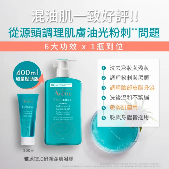 【Avene 雅漾】官方直營 控油舒緩潔膚凝膠400ml 2入組(洗面乳/沐浴乳)
